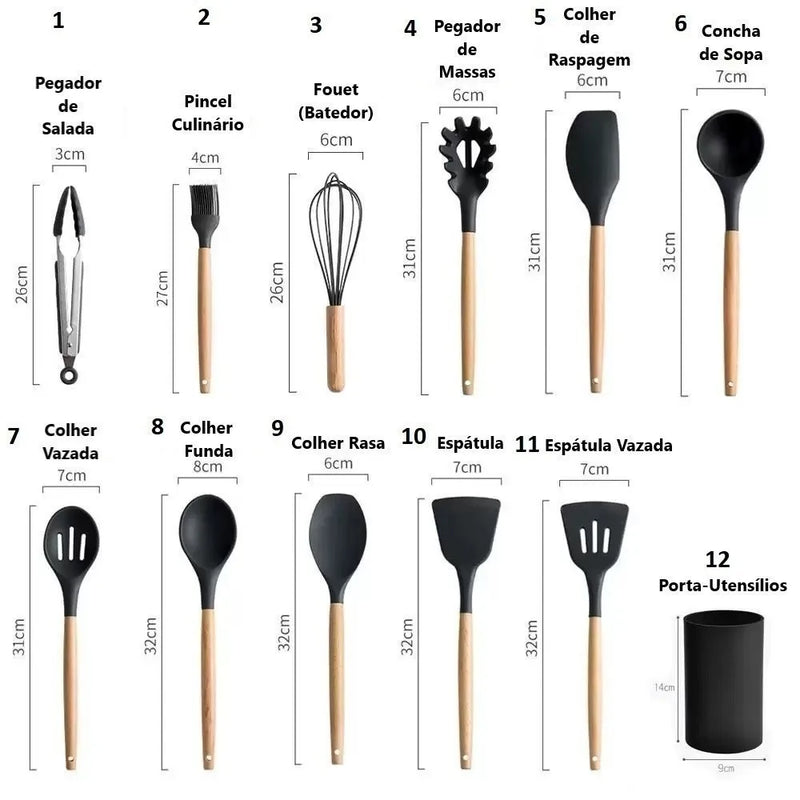 Kit 12 Utensílios De Cozinha De Silicone Antiaderente Com Cabo De Madeira Fácil De Limpar