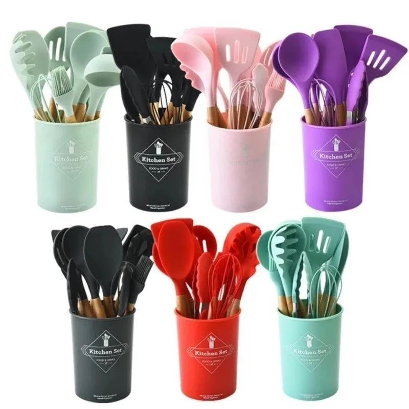 Kit 12 Utensílios De Cozinha De Silicone Antiaderente Com Cabo De Madeira Fácil De Limpar