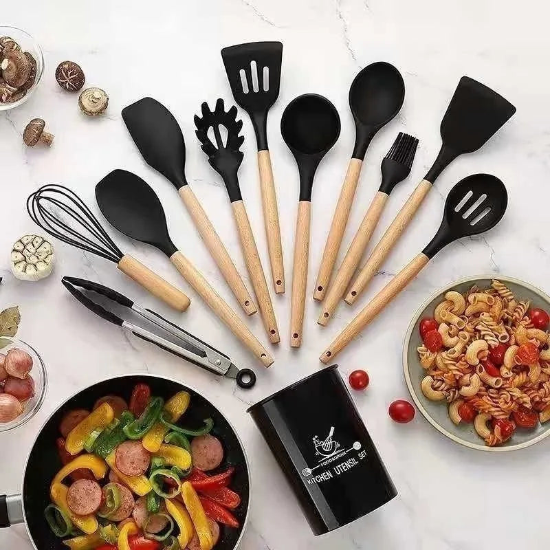 Kit 12 Utensílios De Cozinha De Silicone Antiaderente Com Cabo De Madeira Fácil De Limpar